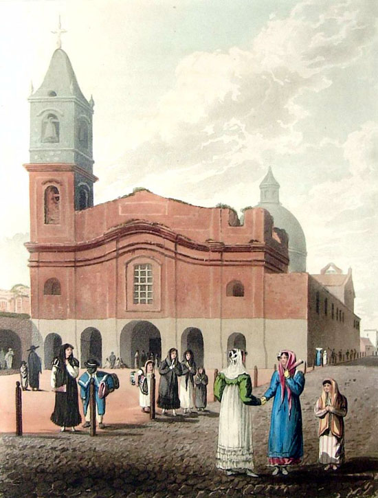  Emeric Essex Vidal:  Iglesia de Santo Domingo  
   Fuente:   Picturesque   Illustrations of Buenos Aires and Montevideo, consisting of twenty-four   wiews: accompanied with descriptions of the scenery, and of the   costumes, manners, &c. of the inhabitants of those cities and their   environs  .  By E. E. Vidal, Esq. London: Published by R. Ackermann, 101, Strand , 1820. Buenos Aires, Viau, 1943 