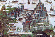 Miniatura francesa que representa el asedio de Constantinopla en 1453, en «Voyages d'Outremer», de Bertrandon de la Broquière (1455).