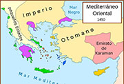 Mapa del Imperio Bizantino en 1450.