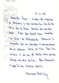 Carta de Miguel Delibes a Francisco Rabal. 13 de octubre de 1986