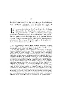 La Real confirmación del Mayorazgo fundado por don Cristóbal Colón el 22 de febrero de 1498 / Ángel de Altolaguirre | Biblioteca Virtual Miguel de Cervantes