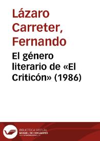 El género literario de "El Criticón" (1986) / Fernando Lázaro Carreter | Biblioteca Virtual Miguel de Cervantes