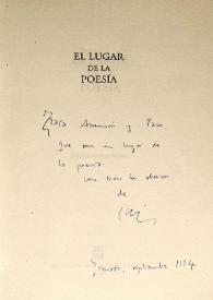 Dedicatoria de Luis Muñoz en un ejemplar del libro colectivo "El lugar de la poesía" / Luis Muñoz | Biblioteca Virtual Miguel de Cervantes