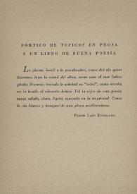 Pórtico de tópicos en prosa a un libro de buena poesía / Pedro Laín Entralgo | Biblioteca Virtual Miguel de Cervantes