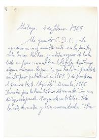 Carta de Jorge Guillén a Camilo José Cela. Málaga, 4 de febrero de 1969
 | Biblioteca Virtual Miguel de Cervantes