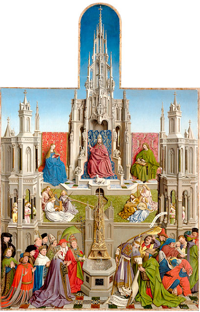 «La Fuente de la Gracia» (Taller de Van Eyck @ Museo del Padro). Representa a Cristo, la Virgen, San Juan, reyes, nobles, papas y judíos confusos.