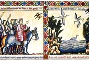 Alfonso X el Sabio de caza, con   algunos vasallos. Escena en una página de las «Cantigas de Santa María».   Biblioteca del Monasterio de San Lorenzo de El Escorial.