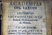 Portada de «Academias del jardín», de Salvador Jacinto, Madrid, 1630.
