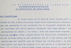 Mecanoscrit de «La personalitat de Jaume Gassull». (Biblioteca Valenciana Nicolau Primitiu.  Foto del fons Carmelina Sánchez-Cutillas).
