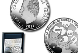  Moneda en plata de 10 euros conmemorativa del 25 aniversario de la adhesión de España y Portugal a la Unión Europea (1986-2011).