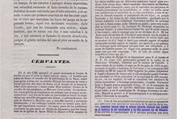 Fragmento del artículo «Cervantes», firmado por A. G., que recoge el engaño de Basilio Sebastián Castellanos que hace a Cervantes natural del villa de Madrid, falsificando la copia de su partida de rescate. En «Observatorio pintoresco», I, 8, 23 de junio de 1837