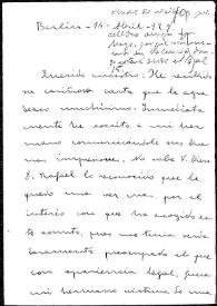 Carta de José María Ots a Rafael Altamira. Berlín, 14 de abril de 1923