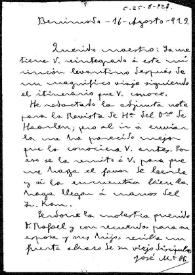 Carta de José María Ots a Rafael Altamira. Benimodo, 16 de agosto de 1923
