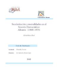 Secularización y mentalidades en el Sexenio Democrático : Alicante (1868-1875) / Alicia Mira Abad | Biblioteca Virtual Miguel de Cervantes