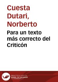 Para un texto más correcto del Criticón / Norberto Cuesta Dutari | Biblioteca Virtual Miguel de Cervantes