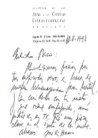 Tarjeta de José Luis Borau a Francisco Rabal. 10 de mayo de 1997 | Biblioteca Virtual Miguel de Cervantes