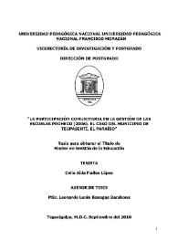 La participación comunitaria en la gestión de las escuelas Proheco (2006). El caso del municipio de Teupasentí, El Paraíso / Celia Aída Fiallos López | Biblioteca Virtual Miguel de Cervantes