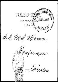 Tarjeta postal de [F. Calzada] a Rafael Altamira. Navia (Asturias), 9 de mayo de 1902 | Biblioteca Virtual Miguel de Cervantes