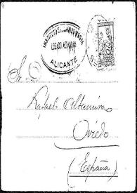Tarjeta postal de M. Sanz a Rafael Altamira. 1 de enero de 1903 | Biblioteca Virtual Miguel de Cervantes