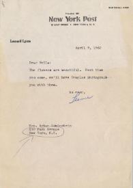 Carta dirigida a Aniela Rubinstein. Nueva York, 09-04-1962 | Biblioteca Virtual Miguel de Cervantes