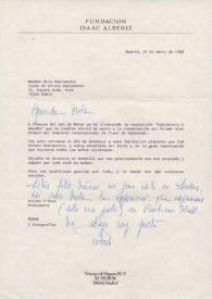 Carta dirigida a Aniela Rubinstein. Madrid (España), 22-04-1988 | Biblioteca Virtual Miguel de Cervantes