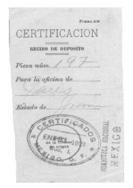 [Certificación de recibo de depósito para la oficina de París (Francia), 31 de enero de 1923 ] | Biblioteca Virtual Miguel de Cervantes