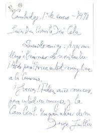 Carta de Jorge Guillén a Camilo José Cela. Cambridge, 1 de enero de 1970
 | Biblioteca Virtual Miguel de Cervantes