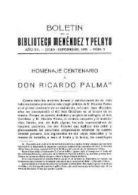 Homenaje centenario a don Ricardo Palma / J. de la Riva-Agüero y Osma | Biblioteca Virtual Miguel de Cervantes