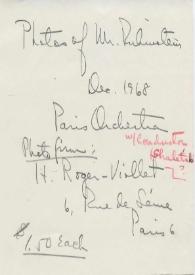 Nota manuscrita. Photos M. Rubinstein. 1968 | Biblioteca Virtual Miguel de Cervantes