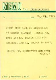 Nota recordatorio del banco. 24 de mayo de 1973 | Biblioteca Virtual Miguel de Cervantes