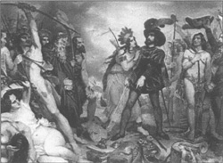 «Las naves de Cortés destruidas». Pintura anónima del siglo XIX.